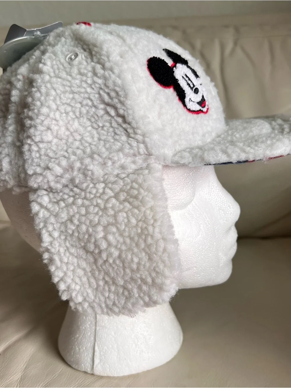 Disney Mickey Mouse Ear Flap White Faux Fur Fleece Hat XS/S (3-6) 52 cm NWT!